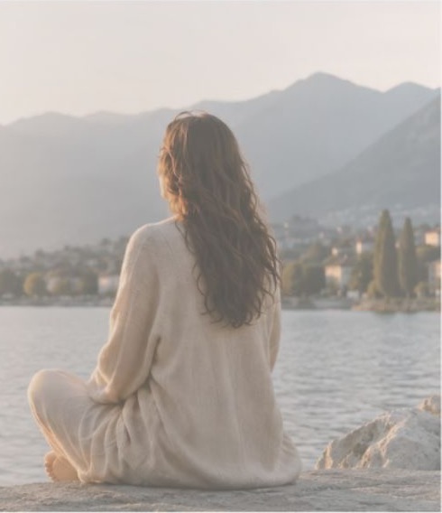 Personne assise au bord d'un lac face aux montagnes